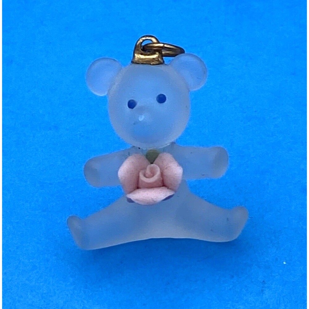 Vintage Frosted Glass Teddy Bear Pendant Pink Rose Gold Tone Charm Jewelry Retro